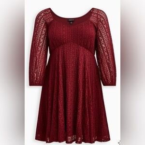 NWT Torrid burgundy lace 3/4 sleeve fit and flare mini dress. Size 0.